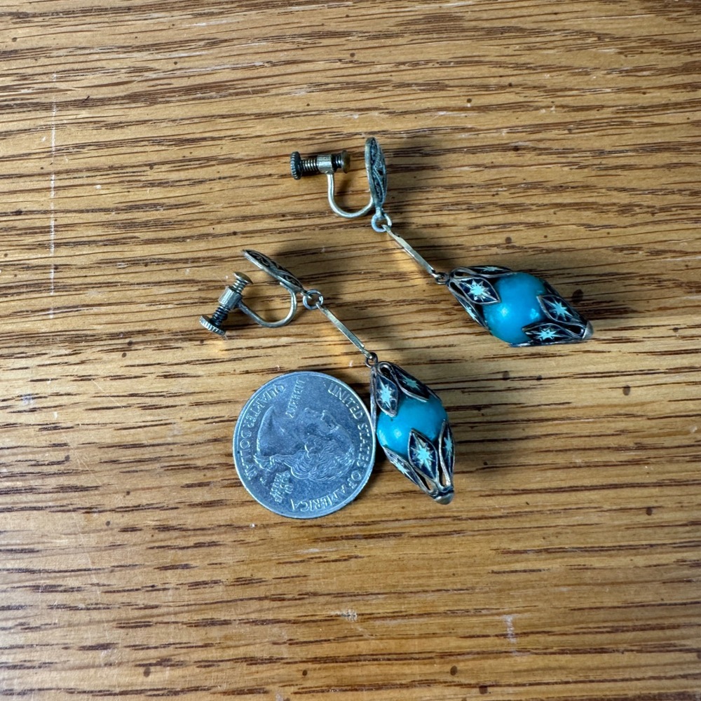 Vintage Turquoise Sterling Starburst Screw Back Earrings Art Deco Style - Picture 4 of 10